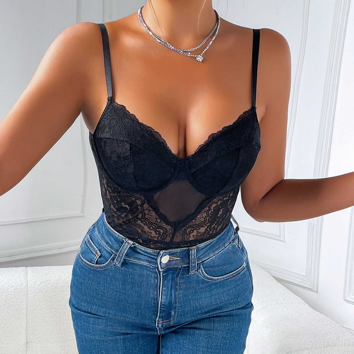 Lace Slim Fit Patchwork See-through Sleeveless Jumpsuit