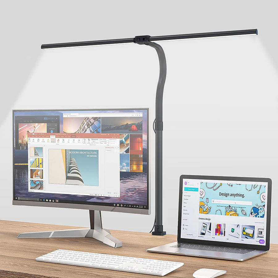 💡🔥 Double Head LED Desk Lamp with Remote Control | 24W Ultra Bright⚡Clamp & Gooseneck🌟【Pro Study/Gaming Mode】Dimmable Office Lighting - Adjustable Black Table Lamp for Home Office