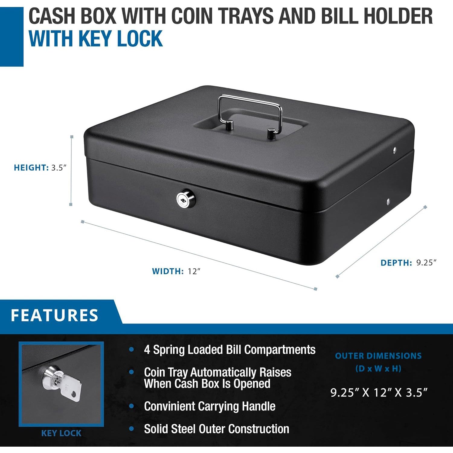 🔒🔥 Heavy-Duty Metal Cash Lock Box with Anti-Theft Design | 12