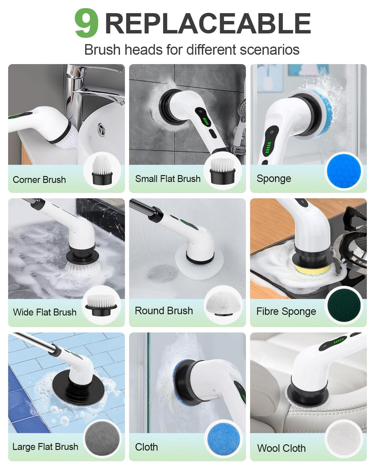 🔥 Electric Spin Scrubber Cordless Pro | 9 Heads⚡2H Runtime🌟【Deep Clean Kit】Dual-Speed IPX7 Waterproof - Bath/Tile/Car Grout Cleaner with 39