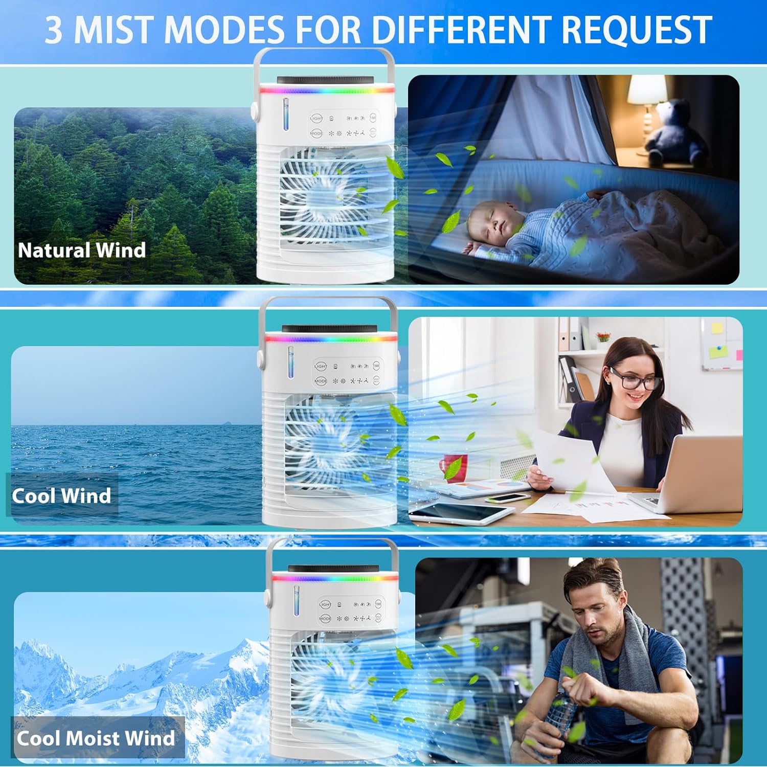 ❄️3D Ice-Cool Tech Portable AC🔥 3-Speed Desk Fan + 7-Color Mood Light✨ Car/Camping Mini Air Cooler with Mist & Timer | TikTok Viral Summer Must-Have