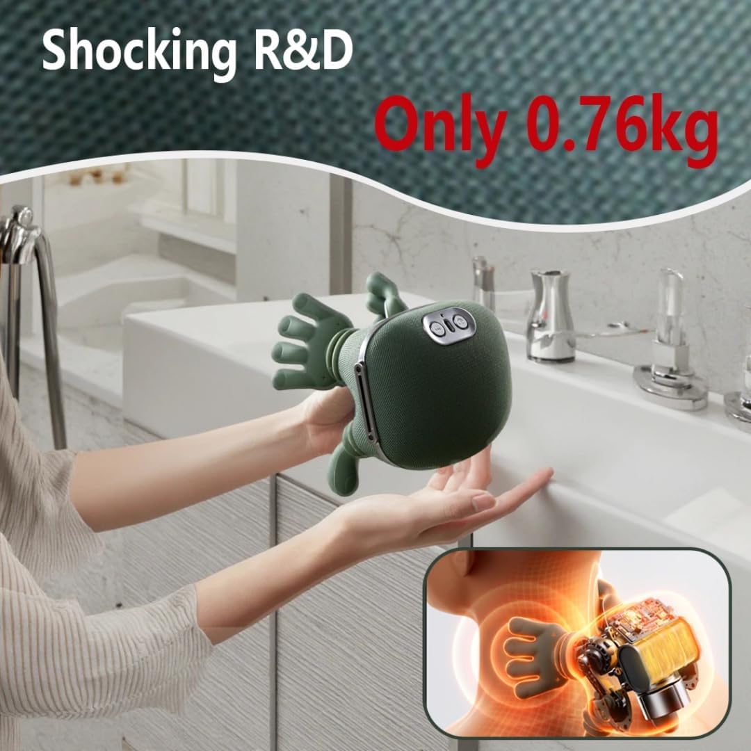 Bionic Heated Massager, Wireless Portable Shiatsu Neck and Back Massager, Electric Deep Tissue 4D Kneading Massage, Simulated Human Hand Design for Pain Relief and Muscle Relax (Green)