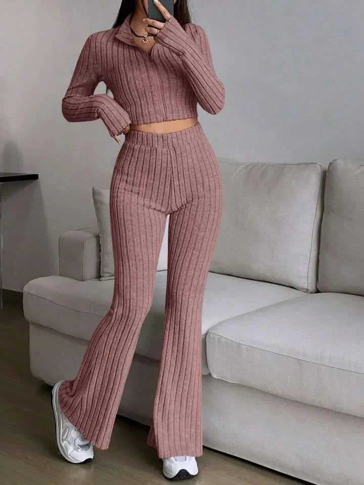 Fashionable Solid Color Striped 2-Piece Set Zipper Long Sleeve Cropped Top And High-Waisted Bell-Bottom Pants Women's Casual