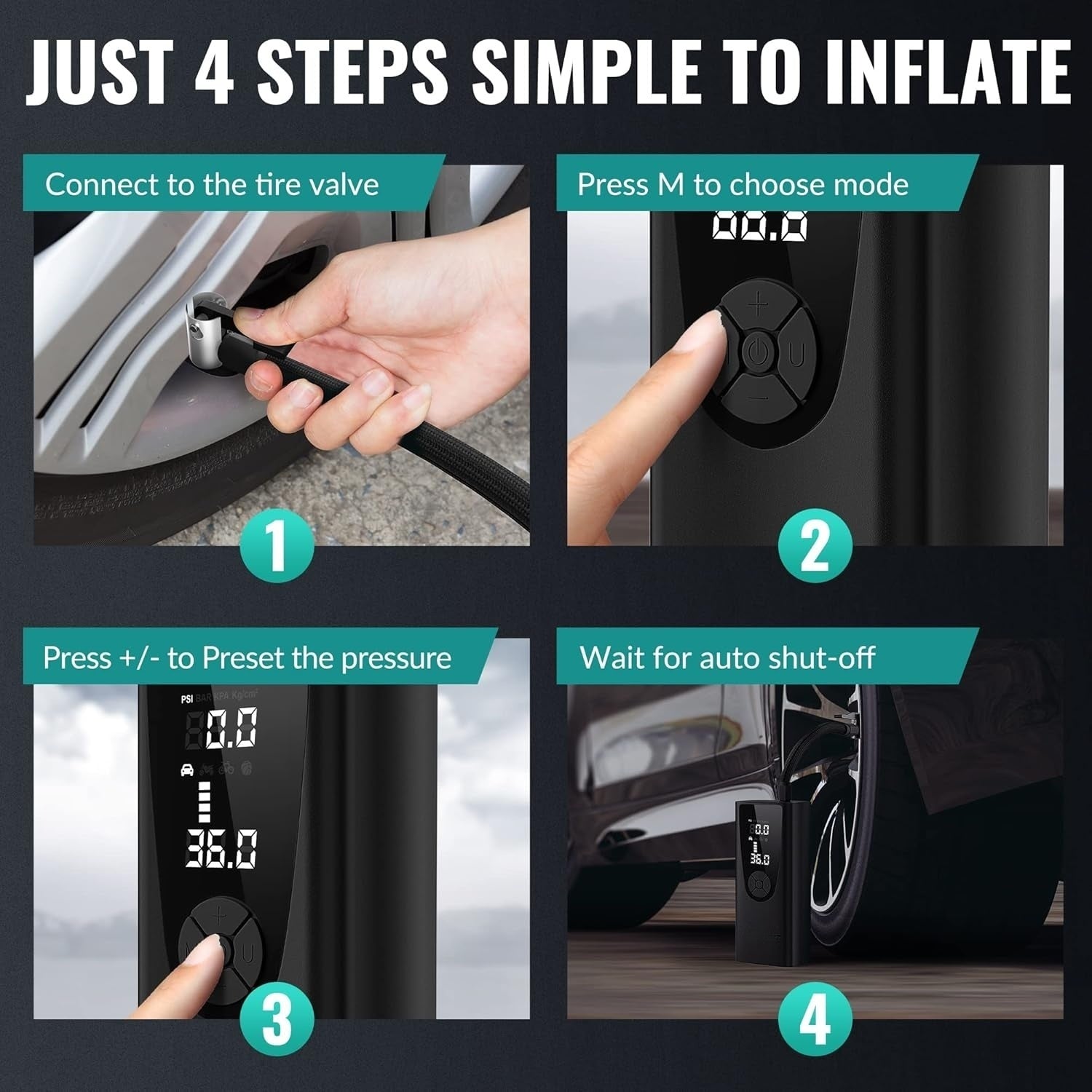 🔥Cordless Tire Inflator Portable Air Compressor 150 PSI | 10000mAh Upgrade⚡3X Faster Inflation🌟Emergency Light & Pressure Gauge【Car/Bike/Ball Pump】Cordless Tire Inflator for Motorcycle