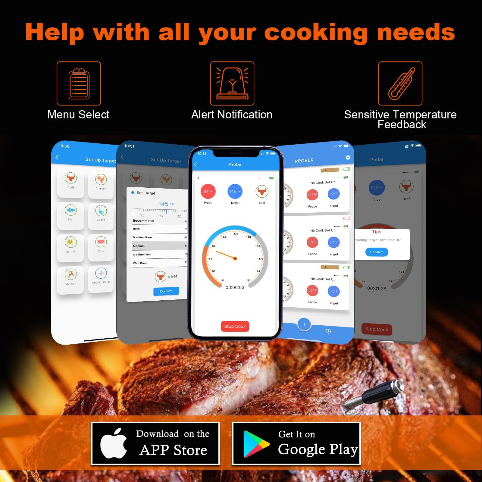 🔥Smart Meat Pro Thermometer💥 Dual Temp Tracking🌪️ 500FT Bluetooth Range✨ Grill/Smoker/Oven Master | TikTok's #1 BBQ Gadget
