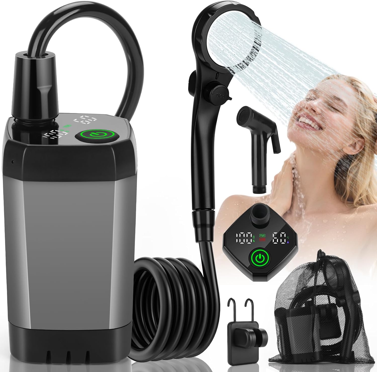 Portable Shower for Camping, Rechargeable Camping Shower Pump with LED Display of Battery Level and Temperature