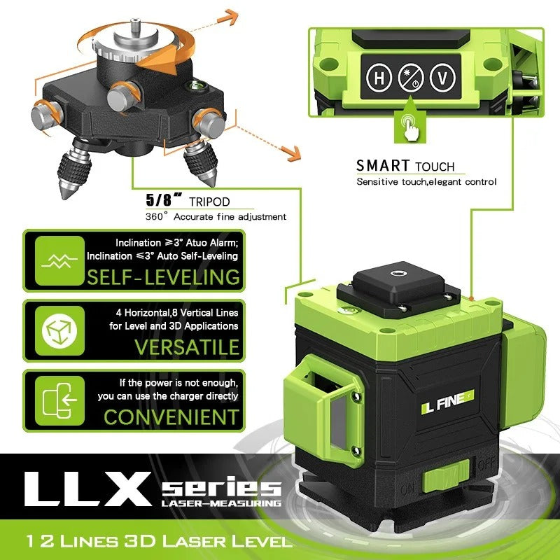 🌟 8/12/16 Line Laser Level with 360° Auto-Leveling | 4s Precision⚡Horizontal/Vertical Cross【Home & Construction Essential】LFINE Nivel Laser Tool for Wall Tiling & Framing